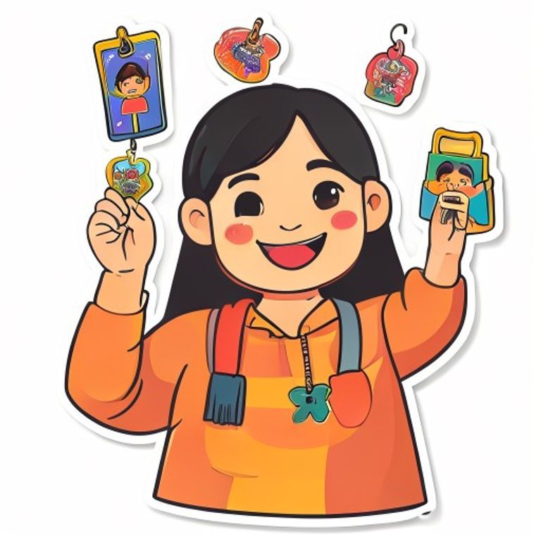Sticker-style Filipino child holding a custom keychain with delight