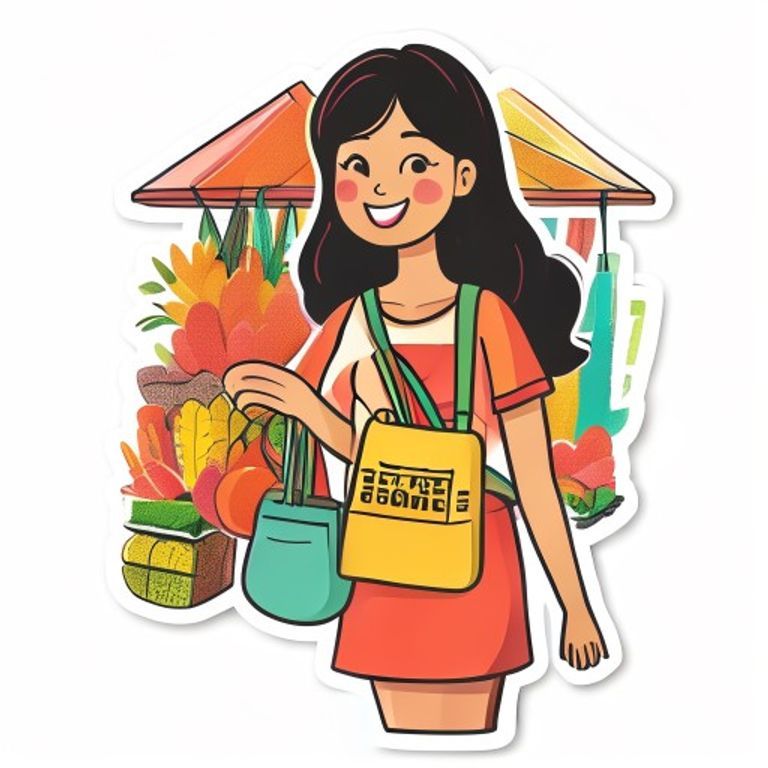 Sticker-style Filipino woman carrying a custom eco-bag at a Davao market