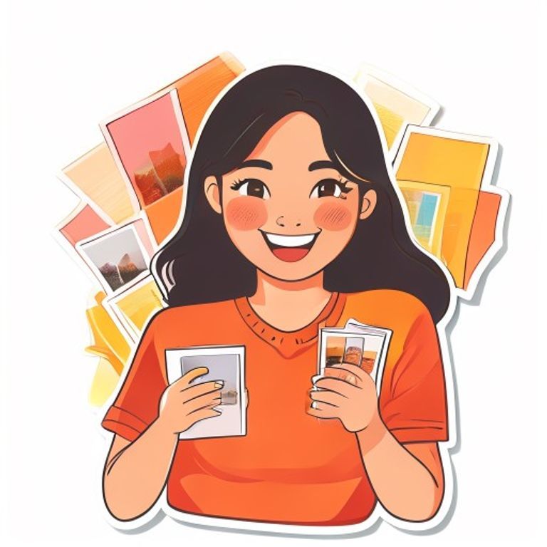 Sticker-style Filipino woman holding a printed family photo