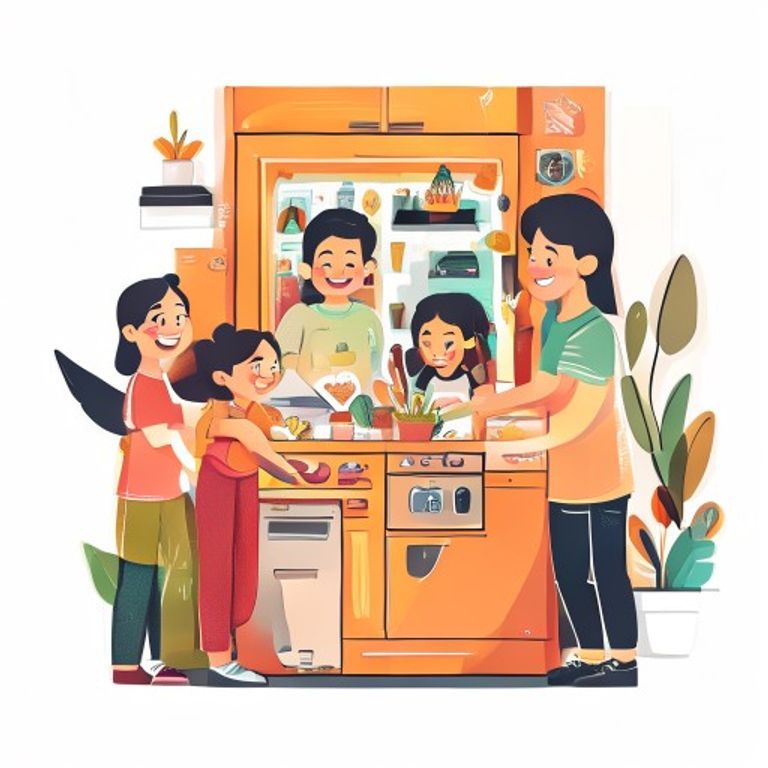 Sticker-style Filipino family looking at custom ref magnets on their fridge