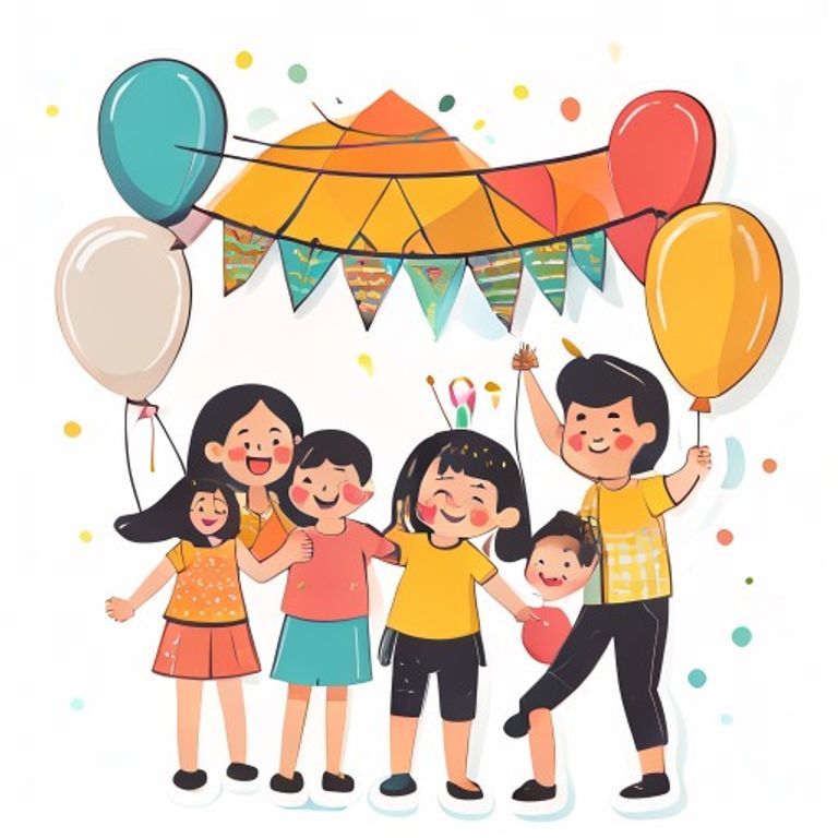 Sticker-style Filipinos hanging a colorful celebration tarpaulin