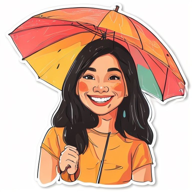 Sticker-style Filipino woman under a custom printed umbrella in Davao rain